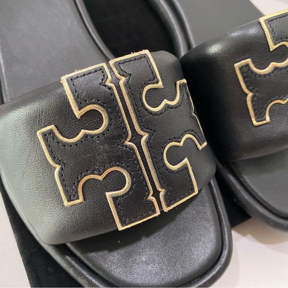 NEW Tory Burch Ines Slide Sandals Black Leather Double-T Logo - Picture 6 of 14